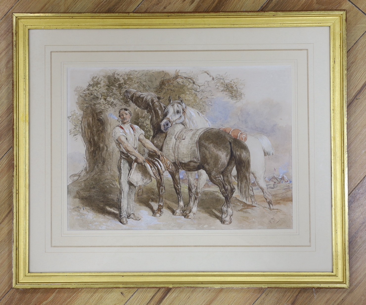 John Frederick Taylor PRWS (1802-1889), watercolour, 'Saddling Up', initialled, with Agnews label verso, 27 x 37cm